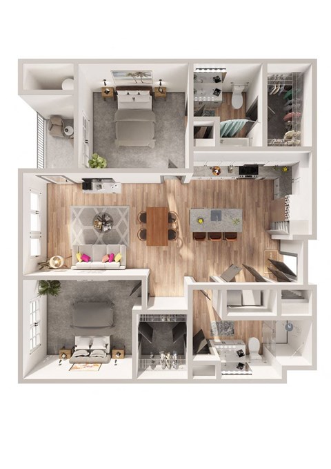 a stylized floor plan of a house with a bedroom and living room
